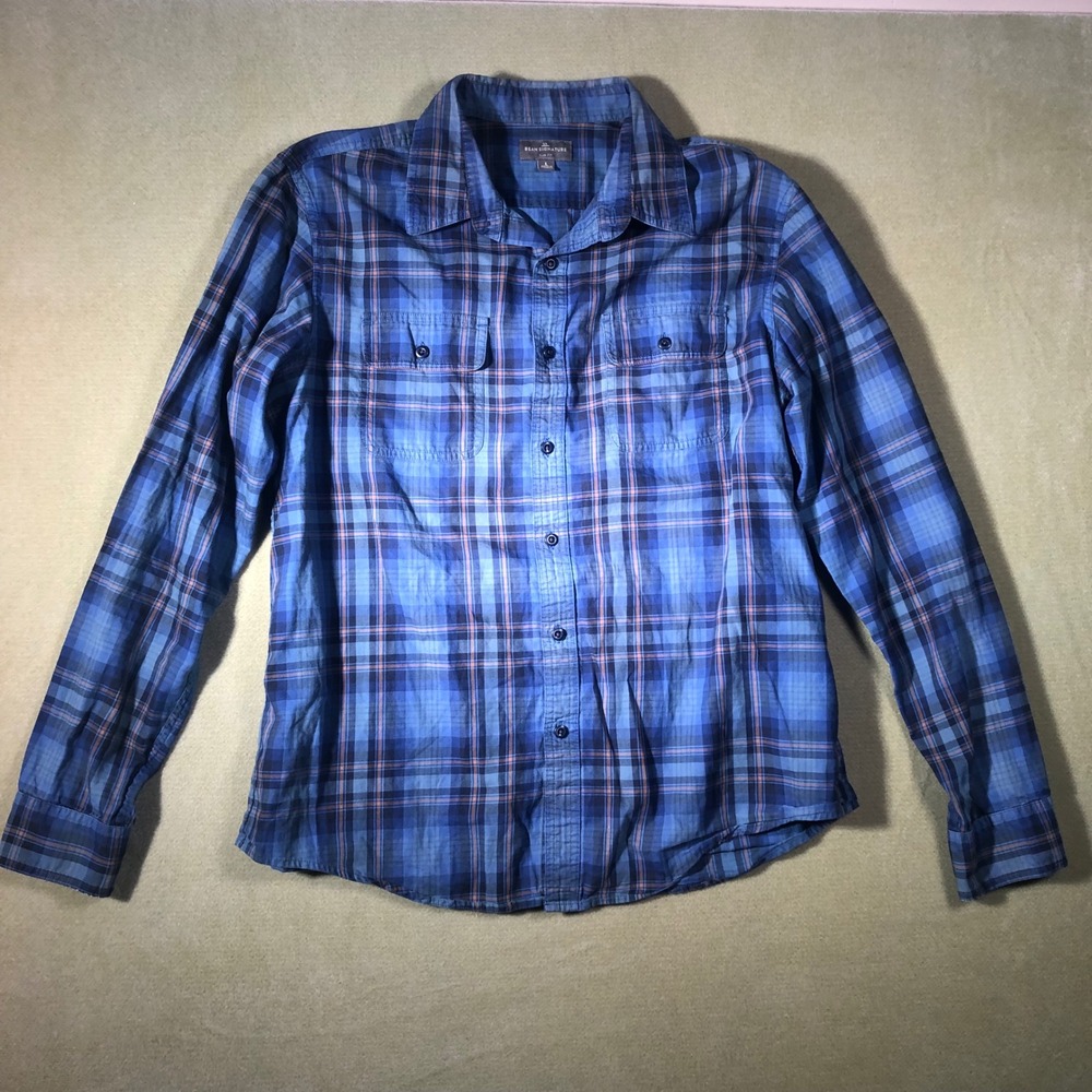 L.L. Bean Signature Shirt Mens Large Blue Plaid Slim Fit Cotton Button Down